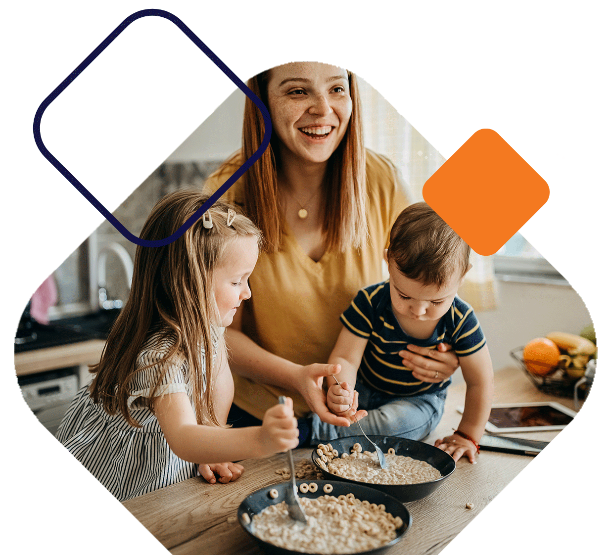 Mom With Two Kids Eating Cereal